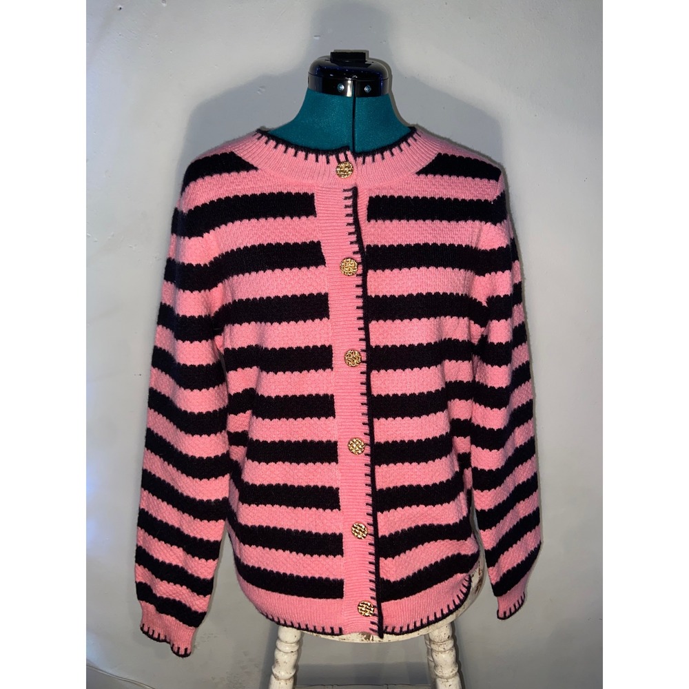 Sidefeel Pink/Black Striped Button Front Cardigan Gold Buttons Preppy Maximalist